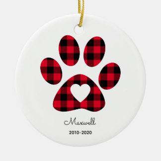 Red Buffalo Plaid Paw Print White Heart Ceramic Ornament