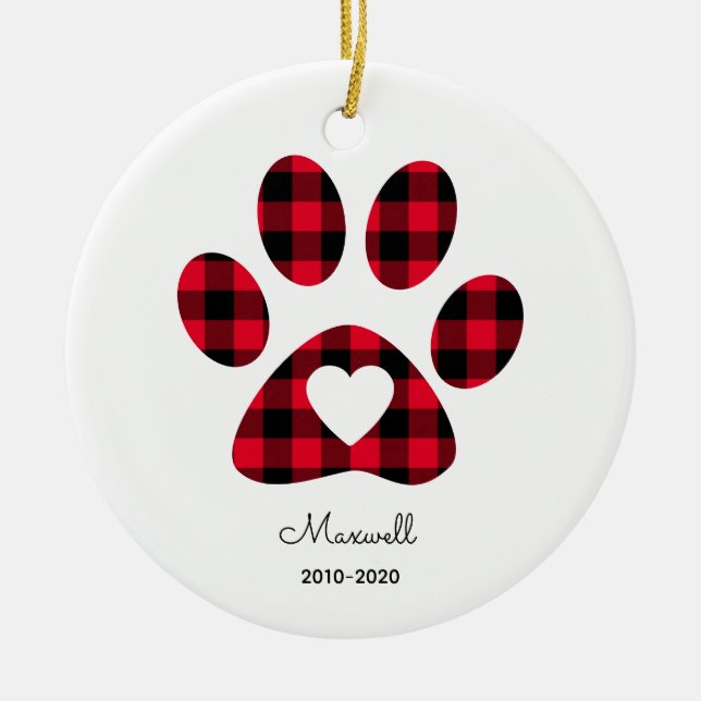 Red Buffalo Plaid Paw Print White Heart Ceramic Ornament (Front)