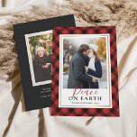 Red Buffalo Plaid Peace On Earth Photo Holiday Card<br><div class="desc">Festive plaid holiday photo card features your favourite image on a red and black handpainted buffalo plaid background bordered with faux gold foil. "Peace On Earth" appears beneath in cranberry red and black serif lettering, with your family name(s) and the year in classic black type. Personalise the back with an...</div>