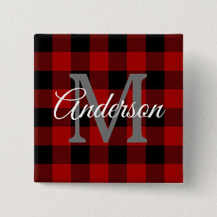 Red Buffalo Plaid   Personal Initial   Gift 15 Cm Square Badge