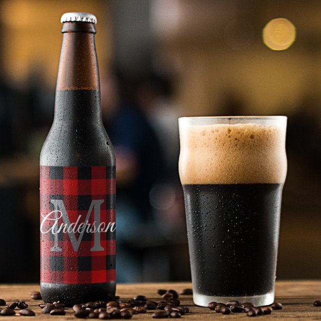 Red Buffalo Plaid | Personal Initial | Gift Beer Bottle Label (Creator Uploaded)
