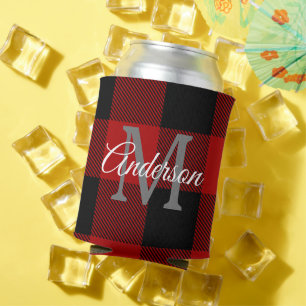 Red Buffalo Plaid   Personal Initial   Gift Can Cooler