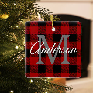Red Buffalo Plaid   Personal Initial   Gift Ceramic Ornament