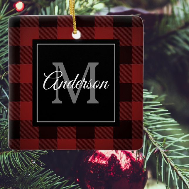 Red Buffalo Plaid | Personal Initial | Gift Ceramic Ornament (Creator Uploaded)