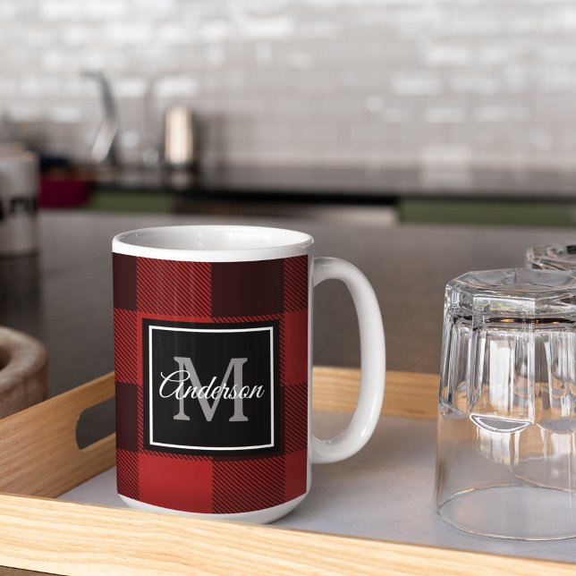 Red Buffalo Plaid | Personal Initial | Gift Coffee Coffee Mug (Creator Uploaded)