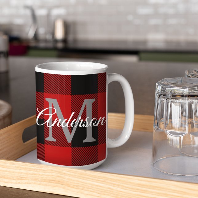 Red Buffalo Plaid | Personal Initial | Gift Coffee Mug (Creator Uploaded)