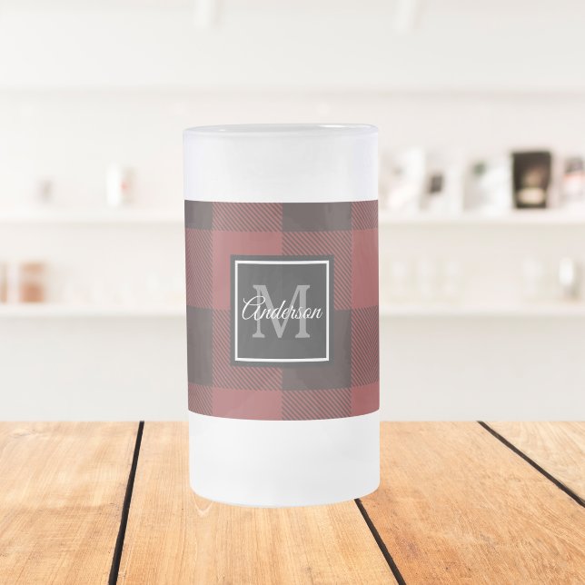 Red Buffalo Plaid | Personal Initial | Gift Froste Frosted Glass Beer Mug