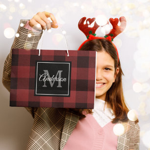 Red Buffalo Plaid Personal Initial Gift Large Large Gift Bag