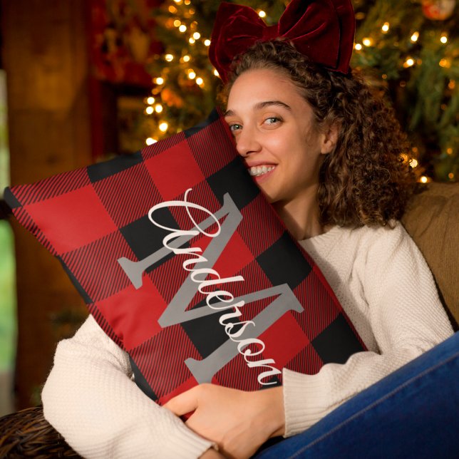 Red Buffalo Plaid | Personal Initial | Gift Lumbar Cushion (Creator Uploaded)