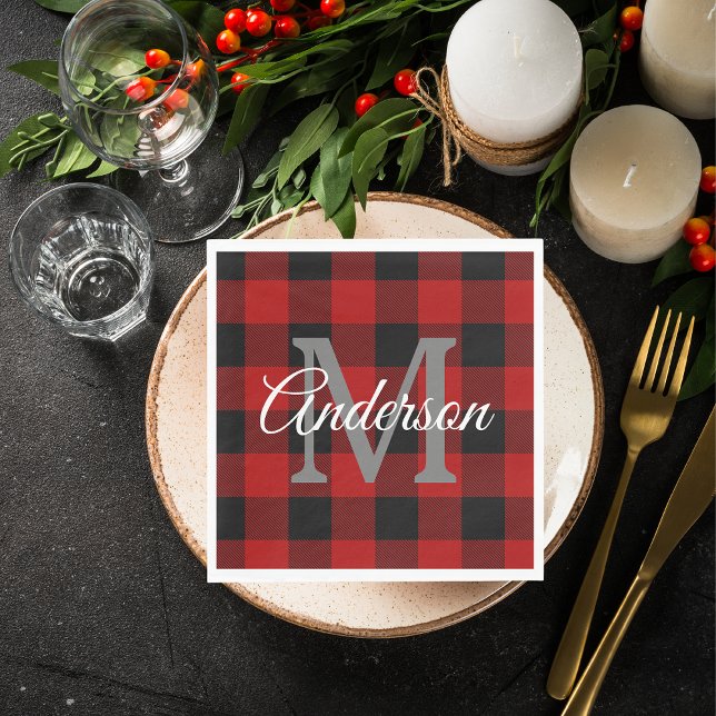 Red Buffalo Plaid | Personal Initial | Gift Napkin (Creator Uploaded)