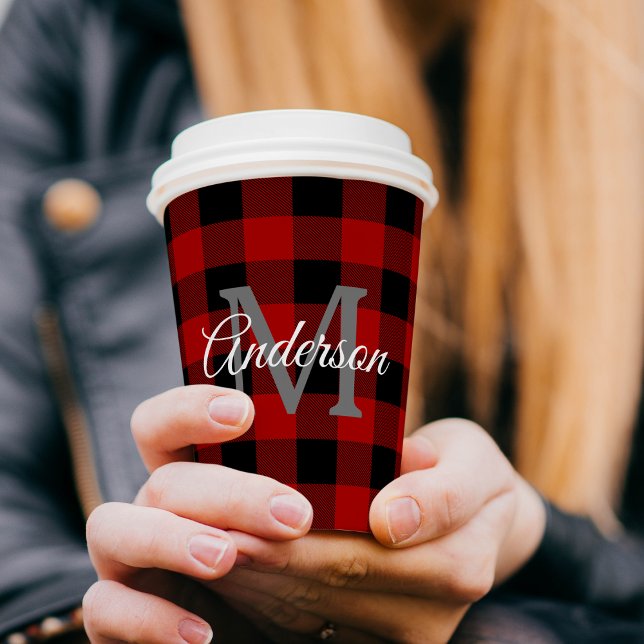 Red Buffalo Plaid | Personal Initial | Gift Paper Cups (Creator Uploaded)