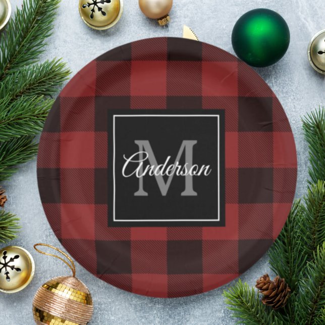 Red Buffalo Plaid | Personal Initial | Gift Paper Plate (Creator Uploaded)