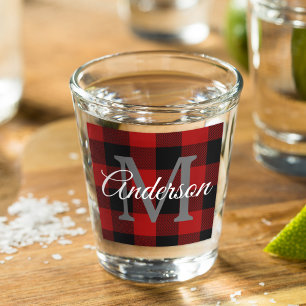 Red Buffalo Plaid   Personal Initial   Gift Shot Glass