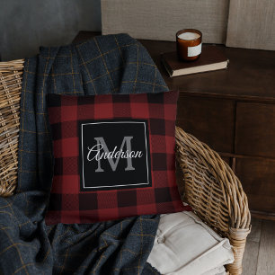 Red Buffalo Plaid Personal Initial Gift Throw Cushion