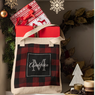 Red Buffalo Plaid   Personal Initial   Gift Tote B Bag