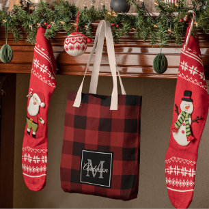 Red Buffalo Plaid Personal Initial Gift Tote Bag