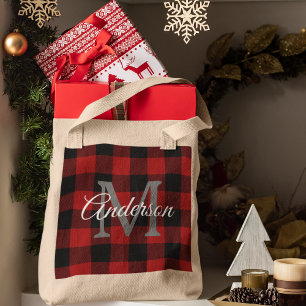 Red Buffalo Plaid   Personal Initial   Gift Tote Bag