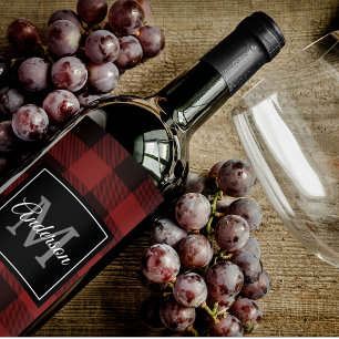 Red Buffalo Plaid   Personal Initial   Gift Wine Label