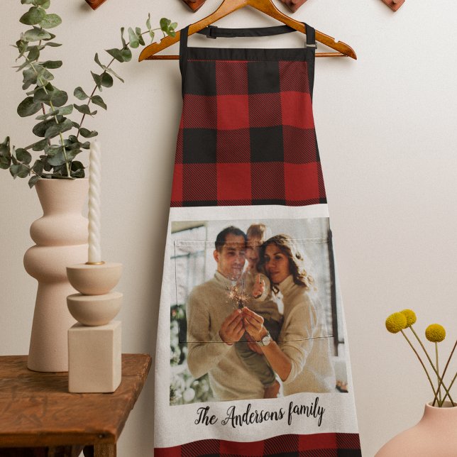 Red Buffalo Plaid & Personal Name And Photo Apron (Creator Uploaded)