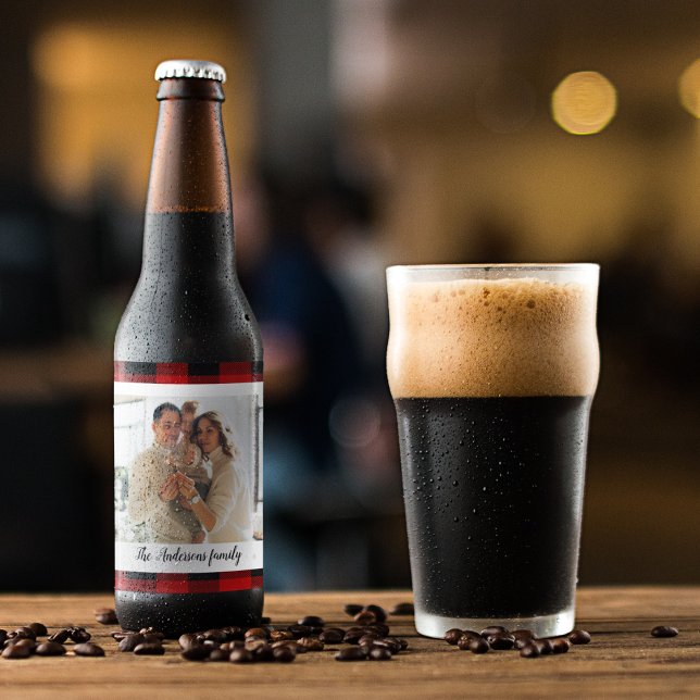 Red Buffalo Plaid & Personal Name And Photo Beer Bottle Label (Creator Uploaded)