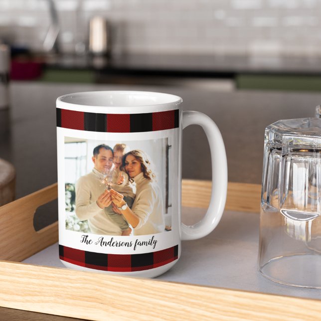 Red Buffalo Plaid & Personal Name And Photo Coffee Mug (Creator Uploaded)