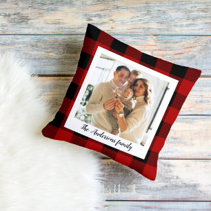 Red Buffalo Plaid & Personal Name And Photo Cushion