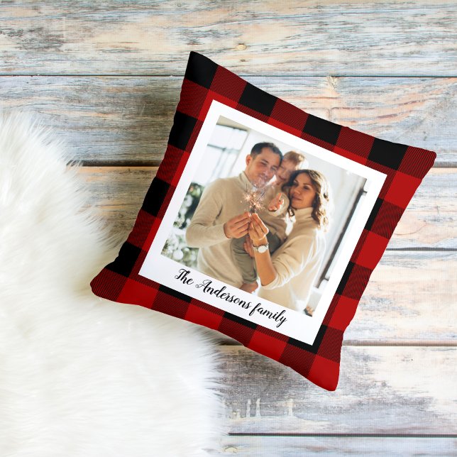 Red Buffalo Plaid & Personal Name And Photo Cushion (Creator Uploaded)