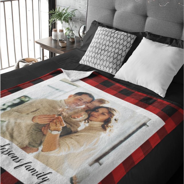 Red Buffalo Plaid & Personal Name And Photo Fleece Blanket (Creator Uploaded)