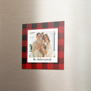 Red Buffalo Plaid & Personal Name And Photo Magnet
