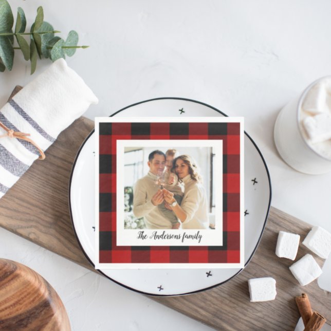 Red Buffalo Plaid & Personal Name And Photo Napkin (Creator Uploaded)