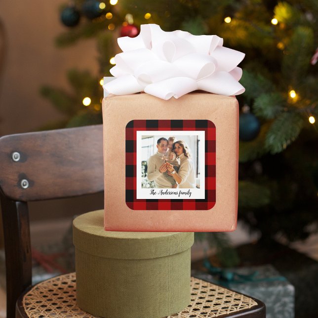 Red Buffalo Plaid & Personal Name And Photo Square Sticker (Creator Uploaded)