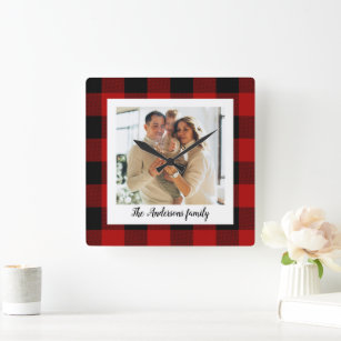 Red Buffalo Plaid & Personal Name And Photo Square Wall Clock