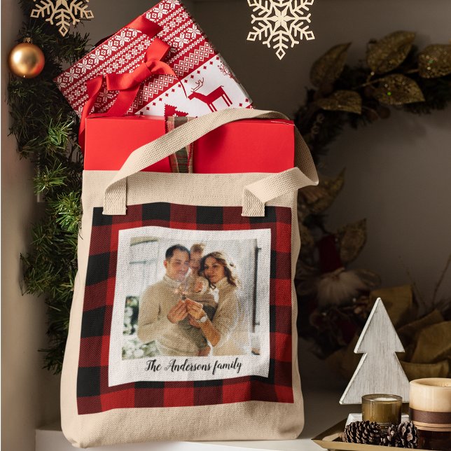Red Buffalo Plaid & Personal Name And Photo Tote Bag (Creator Uploaded)