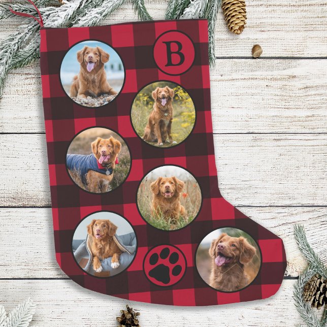 Red Buffalo Plaid Personalised Pet Photo Collage Small Christmas Stocking (Creator Uploaded)