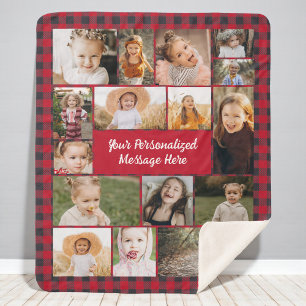 Red Buffalo Plaid Personalized 16 Photo Collage Sherpa Blanket