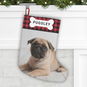 Red Buffalo Plaid Pet Dog Bone Monogram Photo Small Christmas Stocking