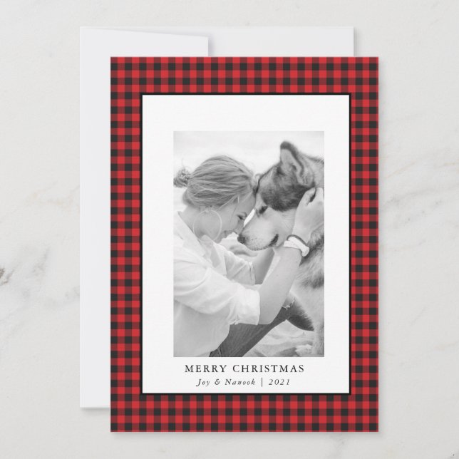 Red Buffalo Plaid Pet Photo Christmas Card  (Front)