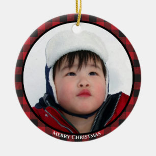 Red Buffalo Plaid Photo Holiday Ceramic Ornament