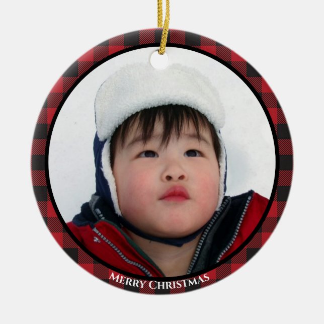 Red Buffalo Plaid Photo Holiday Ceramic Ornament (Front)