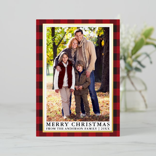 Red Buffalo Plaid Photo Merry Christmas Gold Foil Holiday Card (Standing Front)