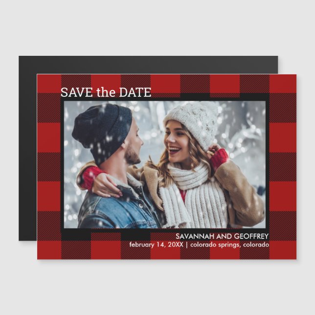 Red Buffalo Plaid Photo Wedding Magnetic Invitation (Front/Back)