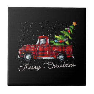 Red Buffalo Plaid Pickup Truck with Tree Merry Chr Ceramic Tile
