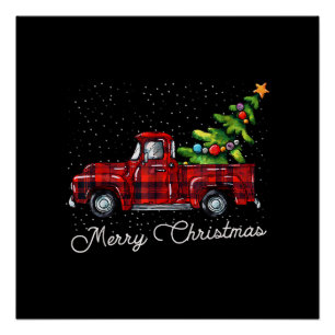 Red Buffalo Plaid Pickup Truck with Tree Merry Chr Poster