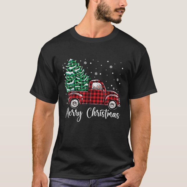 Red Buffalo Plaid Pickup Truck with Tree Merry Chr T-Shirt (Front)
