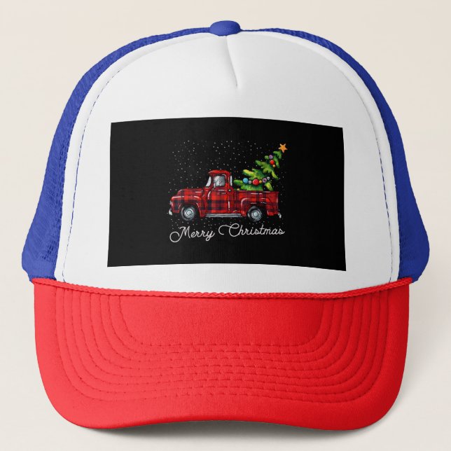 Red Buffalo Plaid Pickup Truck with Tree Merry Chr Trucker Hat (Front)