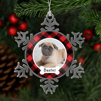 Red Buffalo Plaid Puppy Dog Photo Snowflake Pewter Christmas Ornament