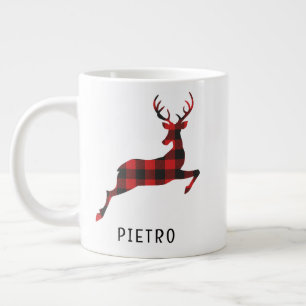 Red Buffalo Plaid Reindeer Christmas Monogram Large Coffee Mug