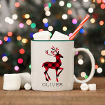 Red Buffalo Plaid Reindeer Christmas Monogram Two-Tone Coffee Mug<br><div class="desc">Seasonal Christmas coffee mug design features two festive reindeer with antlers in a red and black buffalo plaid pattern. Personalise the custom monogram text with a first name.</div>