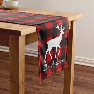 Red Buffalo Plaid & Reindeer Personal Name Gift Medium Table Runner