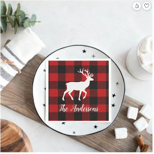 Red Buffalo Plaid & Reindeer Personal Name Gift Napkin